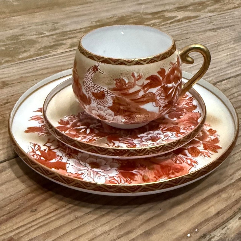Vintage Japanese Kutani Eggshell Porcelain Tea Cup Saucer Snack Plate Set Red